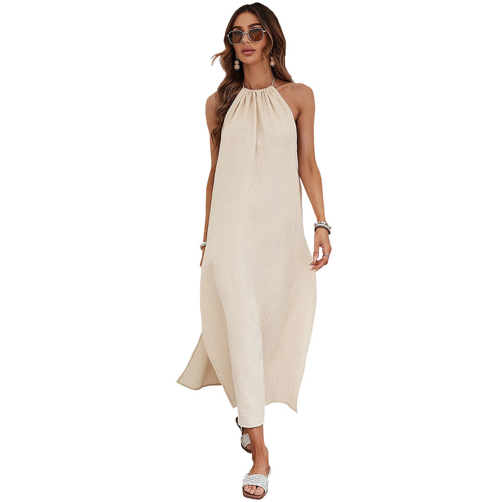Woven Elegant Design Bare Back Seaside Holiday Halter Dress