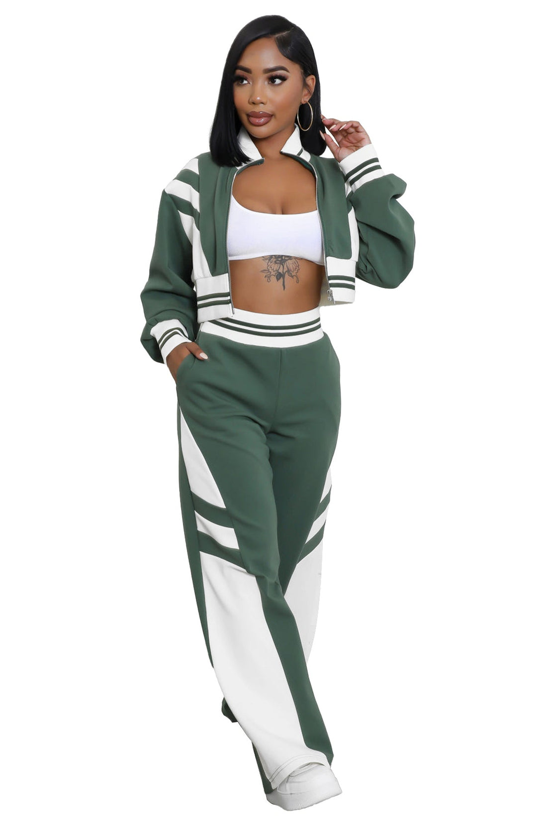 Women's Knit Two Piece Pant Set | Zip Crop Top & Wide Leg
