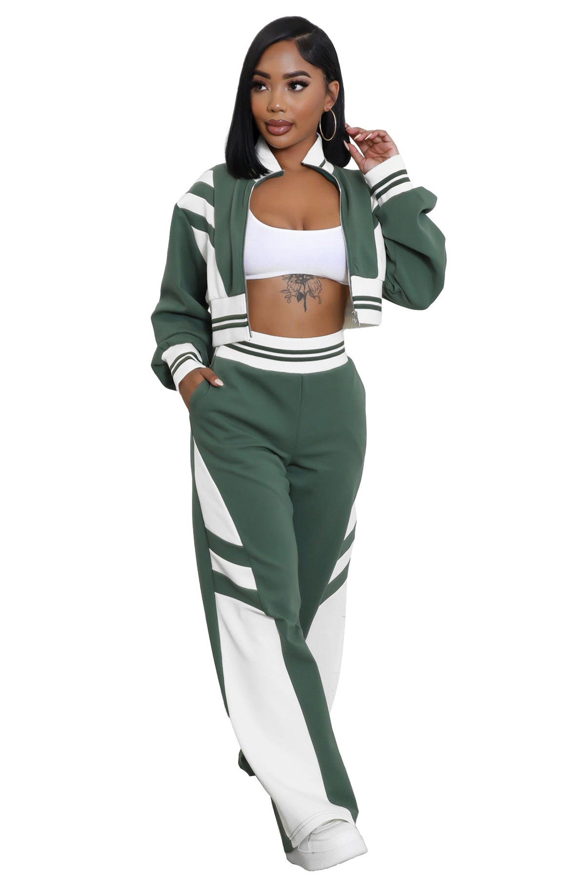 Women's Knit Two Piece Pant Set | Zip Crop Top & Wide Leg