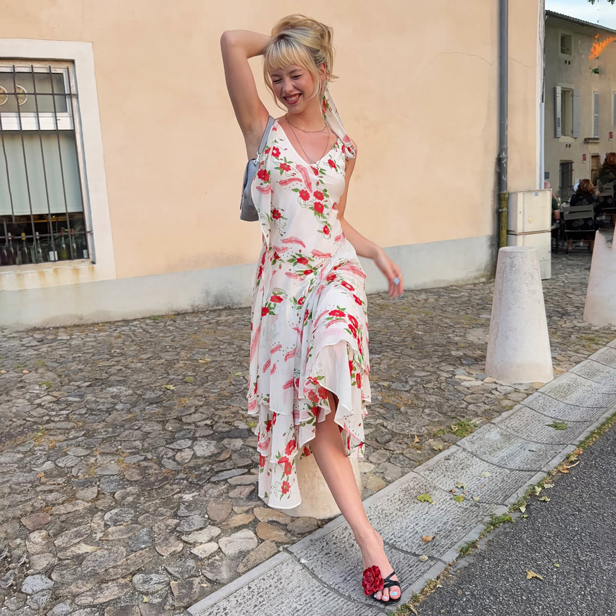 French Elegant Romantic Floral Print Lace up Dress Summer Vacation Irregular Asymmetric Ruffled Dress