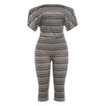 Summer Women Striped Sexy Tube Top off Shoulder Short Sleeve Skinny Knee Length Pants Set