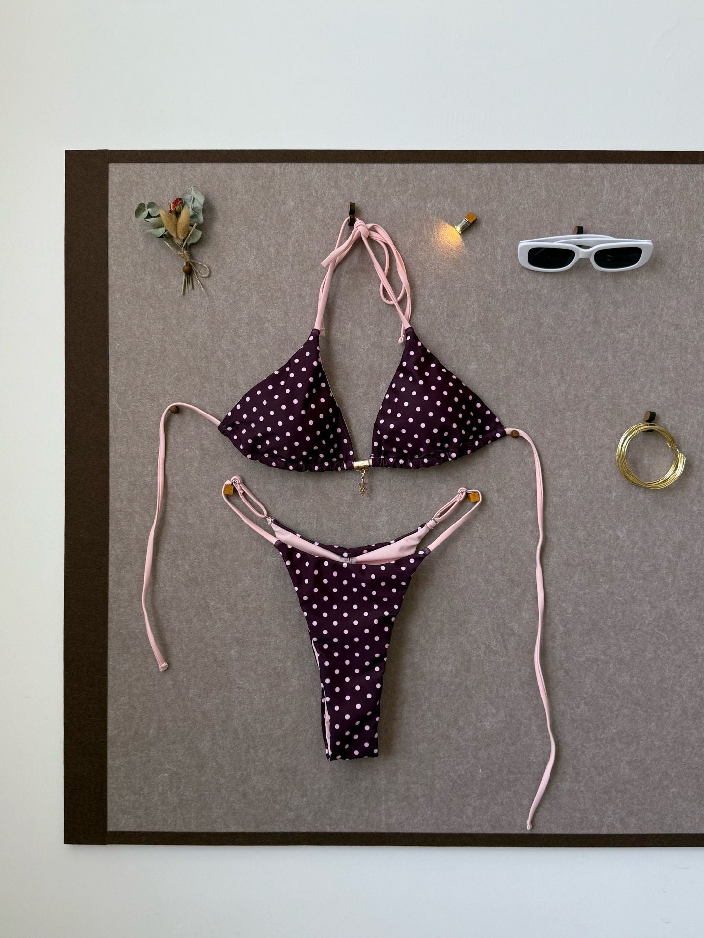 Polka Dot Halter Bikini with Color Splicing Detail