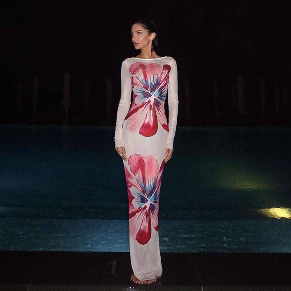 Summer Sexy Voile Printing Sheer Long Sleeve Slim Fit Dress Women