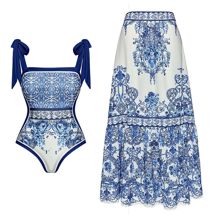 Bow Bandage Blue White Porcelain Printed One Piece Swimsuit Women Set Dress