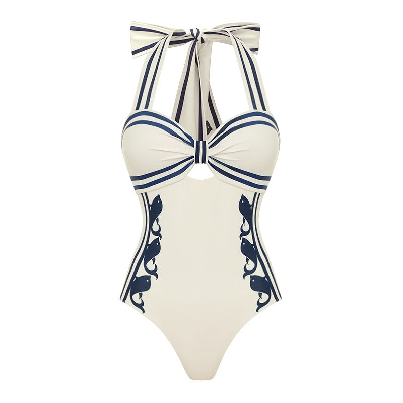 Navy Halter One Piece Swimsuit with Abstract Print Boho Design