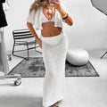 Short Sleeved Cardigan Hollow Out Cutout out Top Slim Fit Long Knitted Skirt Sun Proof Beach Skirt