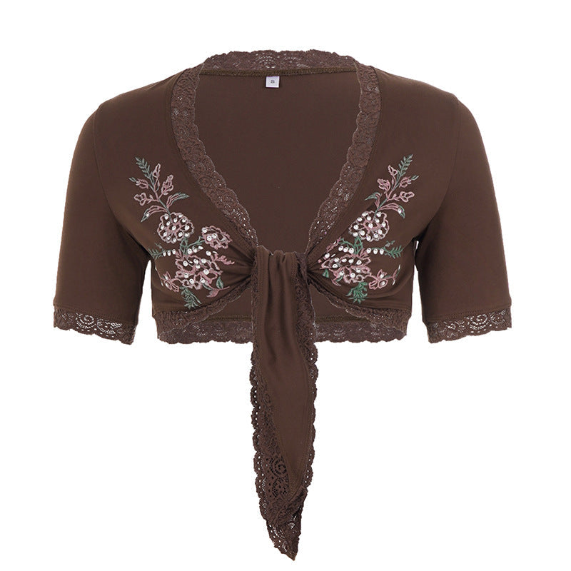 Retro Floral Print Lace V neck Lace up Short Sleeve T shirt Street Sexy Short Smock Top