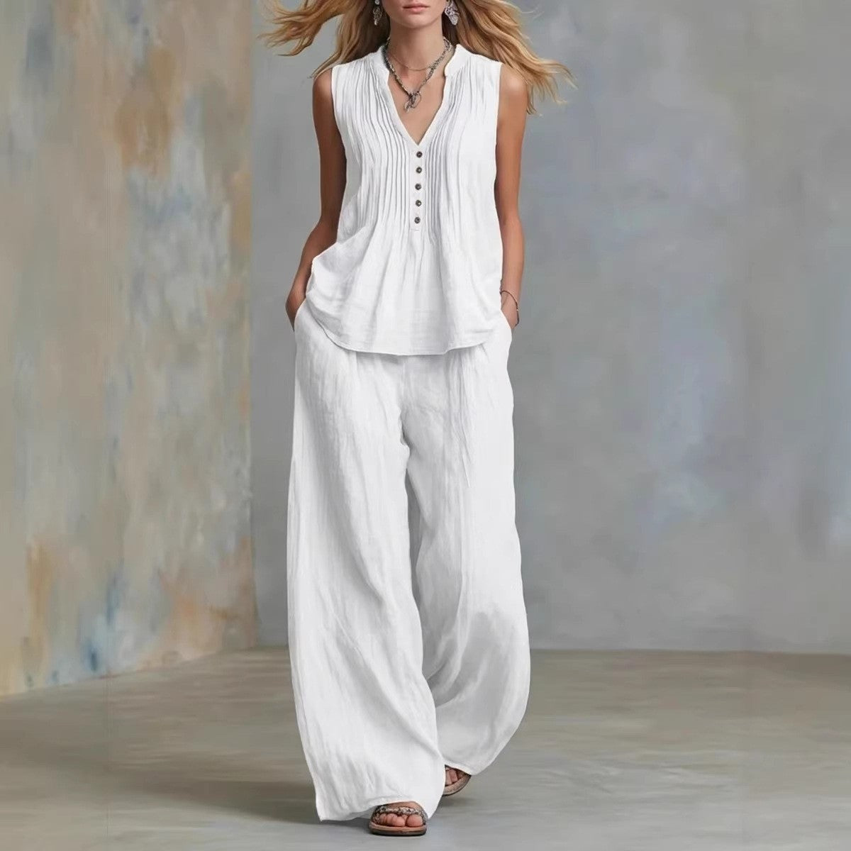 Women Clothing Summer Casual Stylish Solid Color Sleeveless V neck Set