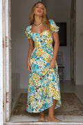 Spring Summer Square Collar Short Sleeve Maxi Dress Wild Casual Dress