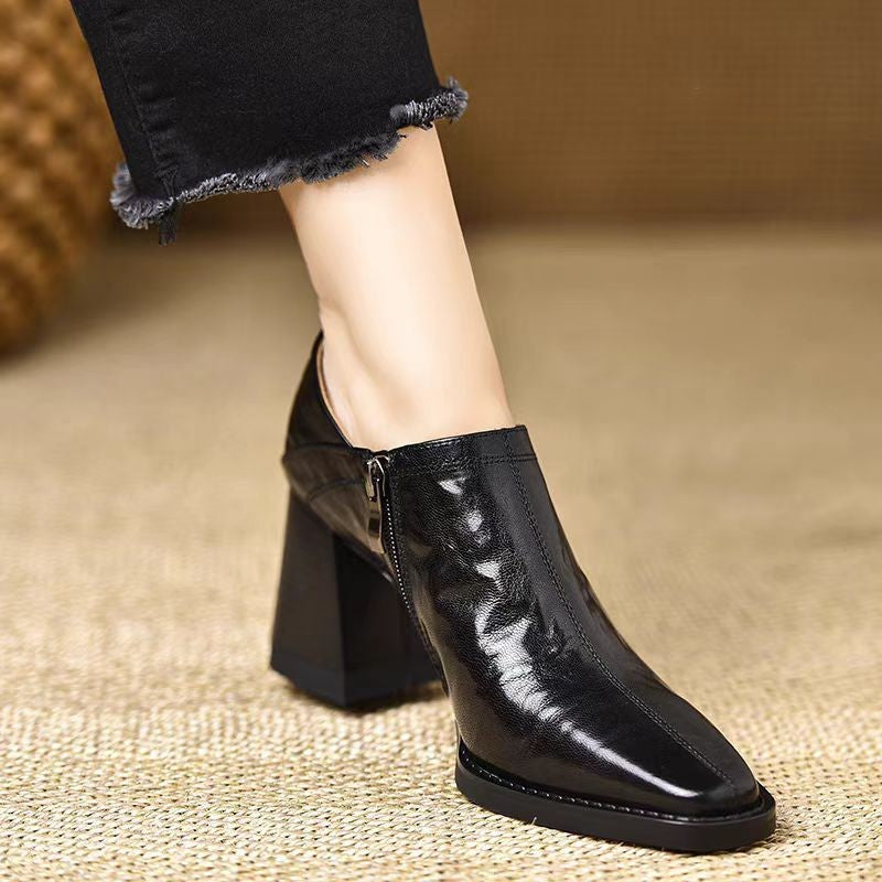 Women’s Dark Brown Chunky-Heel Ankle Boots with Side Zipper