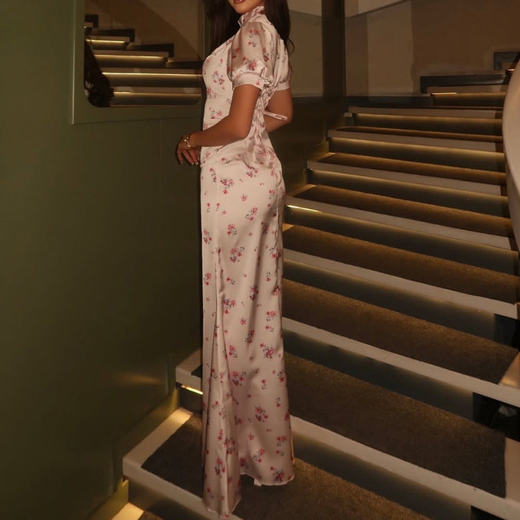 Women Printed Stand Collar Short Sleeve Sheath Dress Hollow Out Cutout High Waist Elegant Dress
