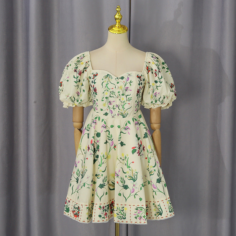 Puff Sleeve Peach Collar Tight Waist Slimming Retro Printed Short Dress