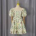 Puff Sleeve Peach Collar Tight Waist Slimming Retro Printed Short Dress