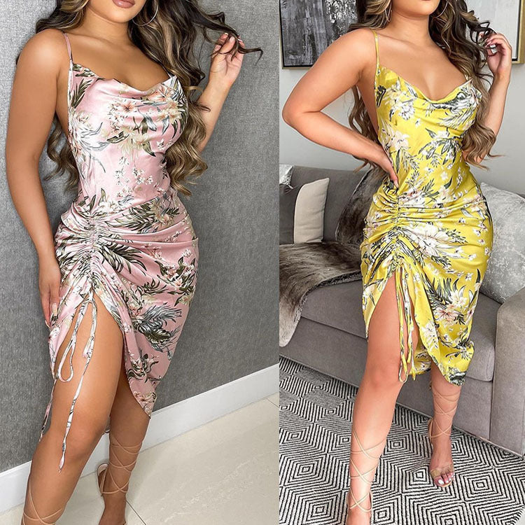 Women Clothing Halter High Printed Sexy Irregular Asymmetric Dress