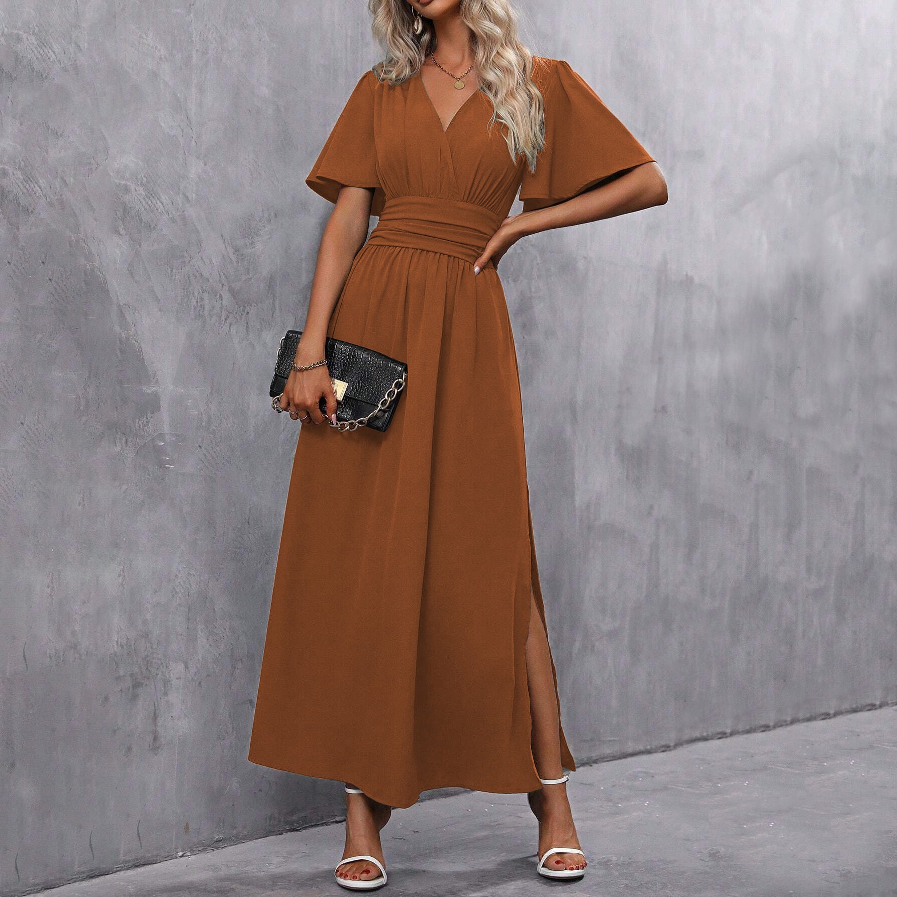 Elegant A-Line Split Dress in Solid Colors for Women