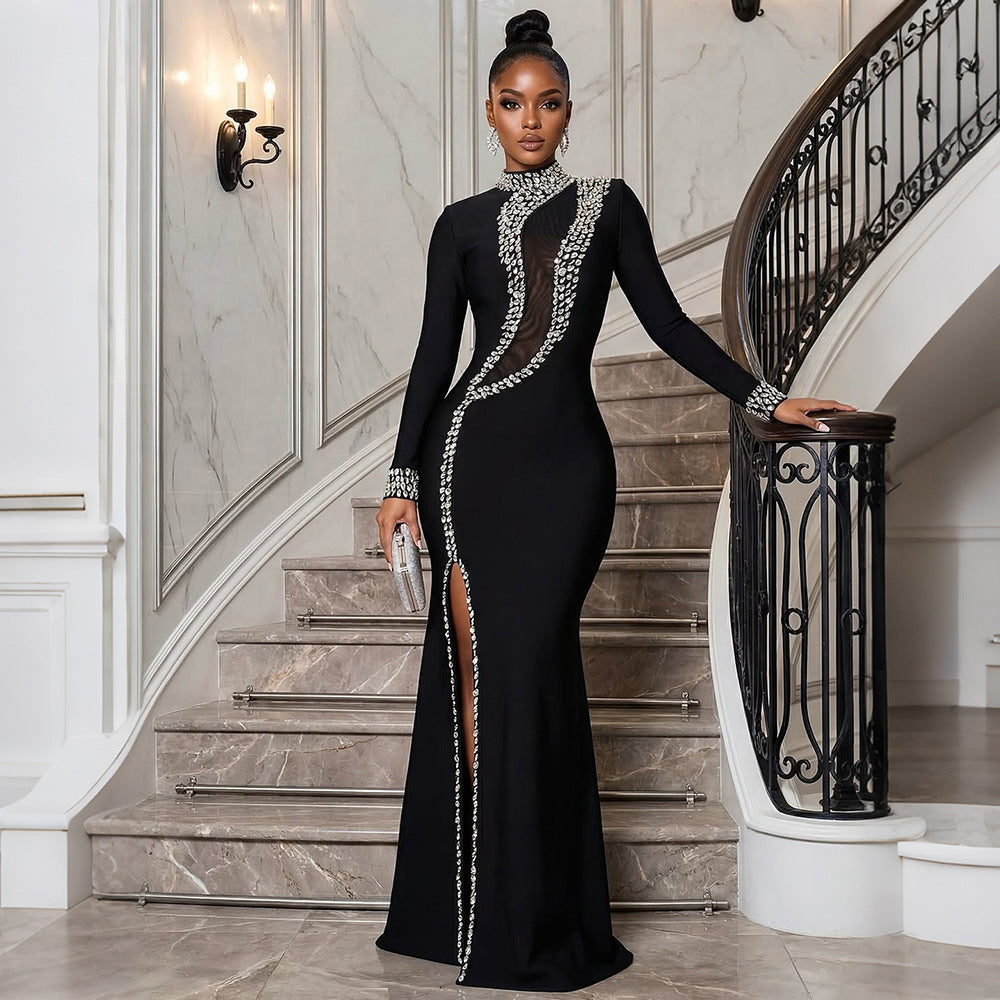High Collar Long-Sleeve Rhinestone Split Sheath Dress