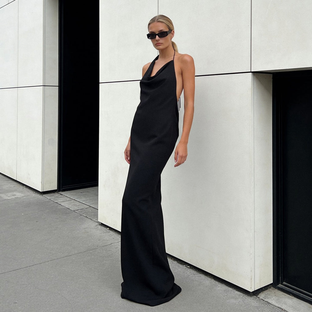 Women Clothing Sexy Elegant Bare Back Swing Collar Halter Dress Party Evening Dress