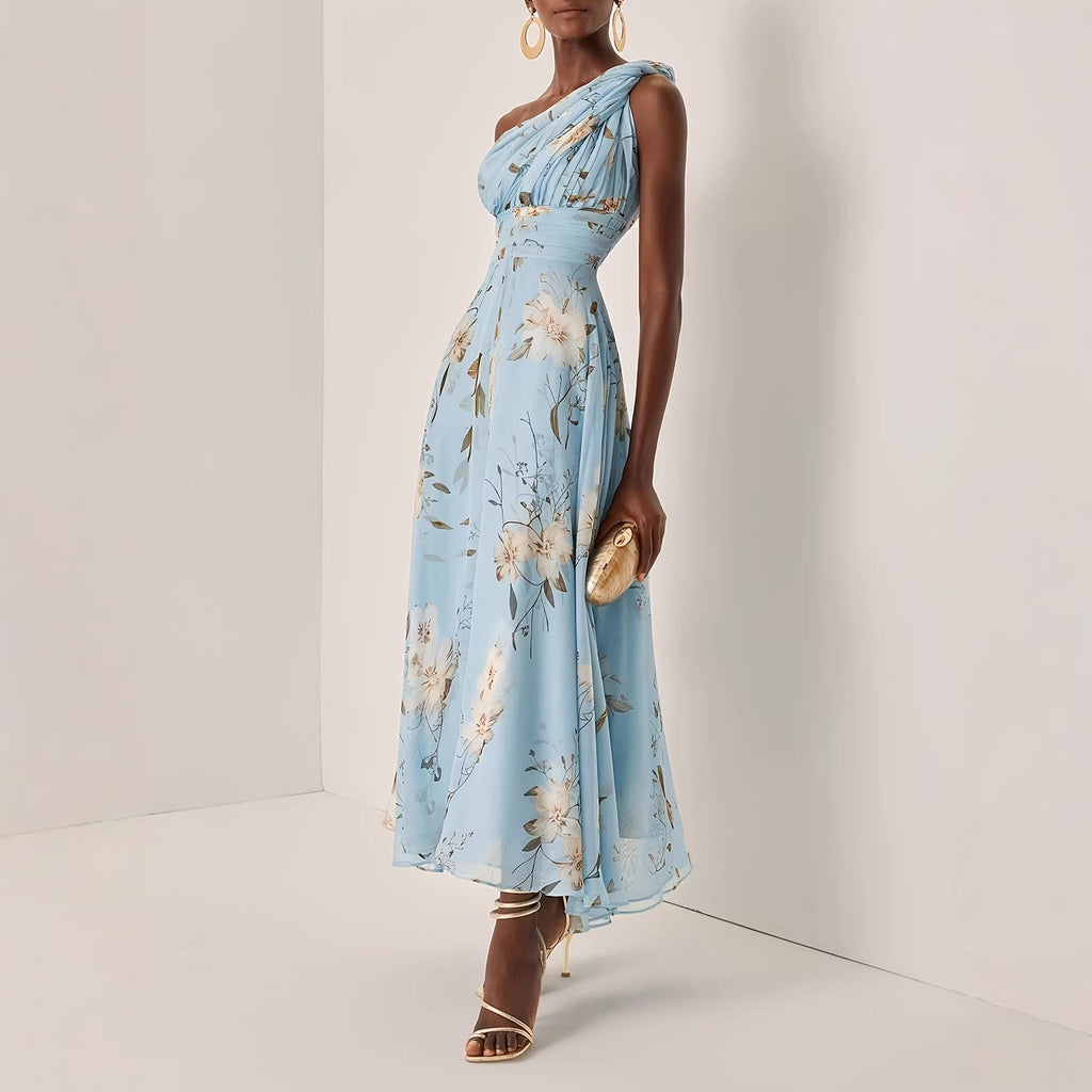 Elegant One Shoulder Floral Printed Chiffon Dress Fashionable Elegant A line Midi Dress