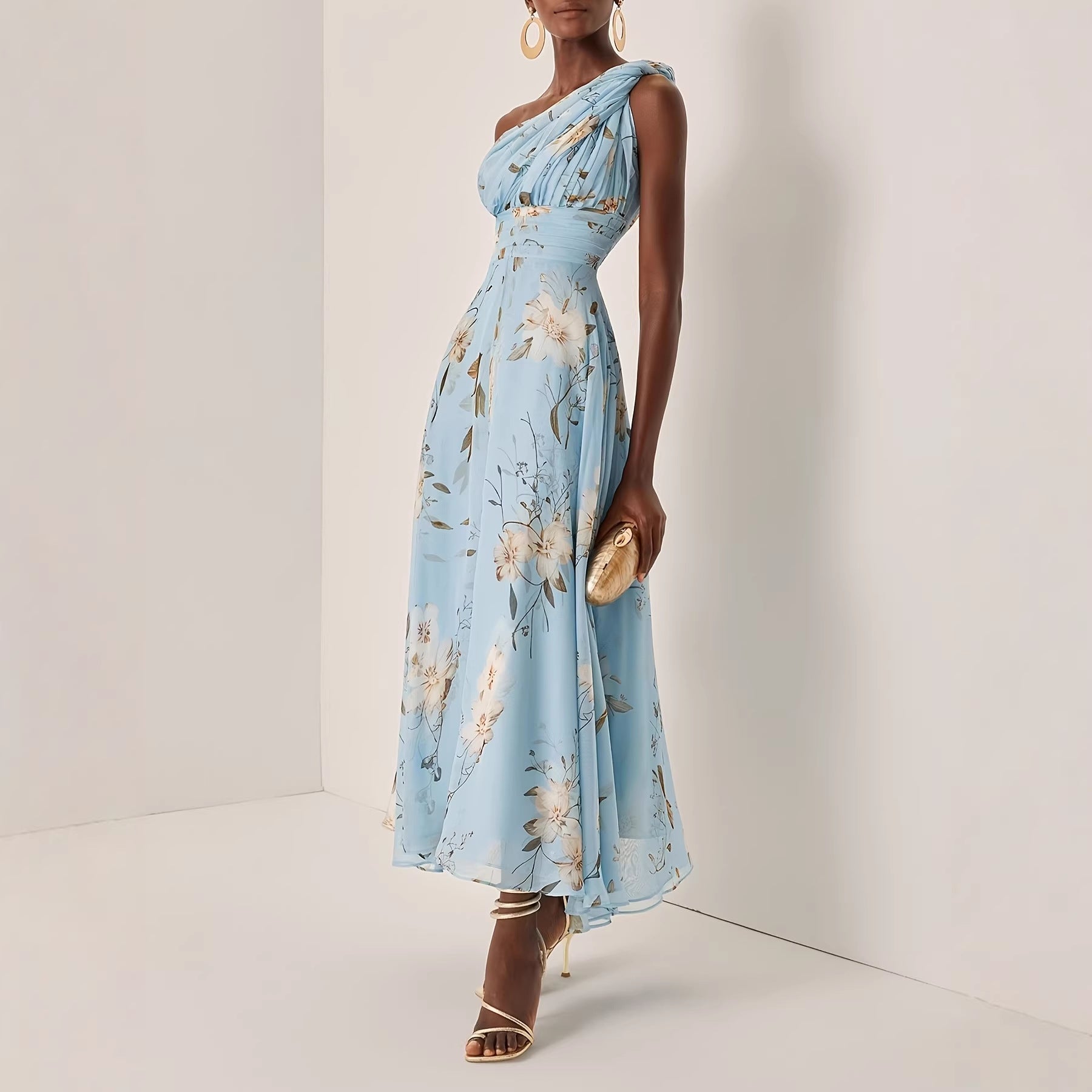 Elegant One Shoulder Floral Printed Chiffon Dress Fashionable Elegant A line Midi Dress