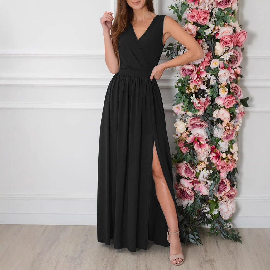 Women Clothing Summer Solid Color V neck Sexy Slit Hemline Hem Dress