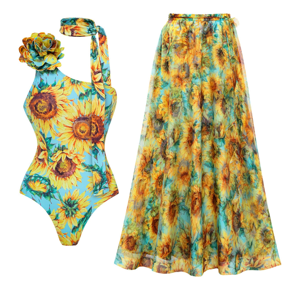Women’s Sunflower Print One Piece Swimsuit Boho Asymmetric Tie