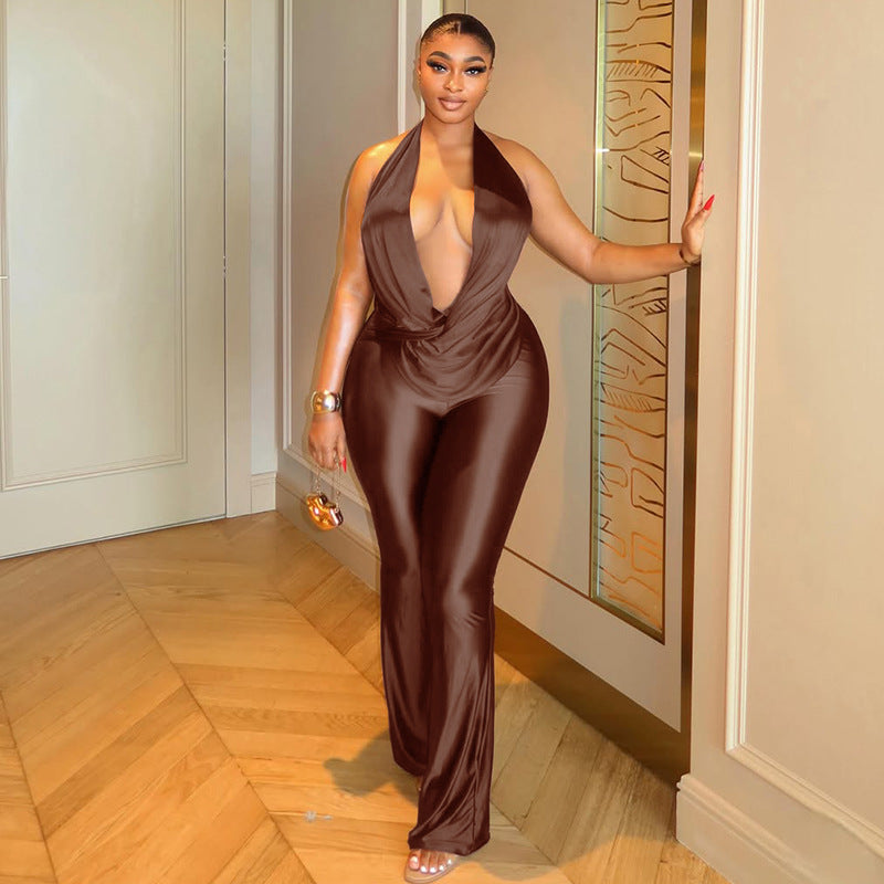 Slim Fit Women Loose Halter Slimming Jumpsuit Sports Pleated Swing Collar Solid Color Long Jumpsuit