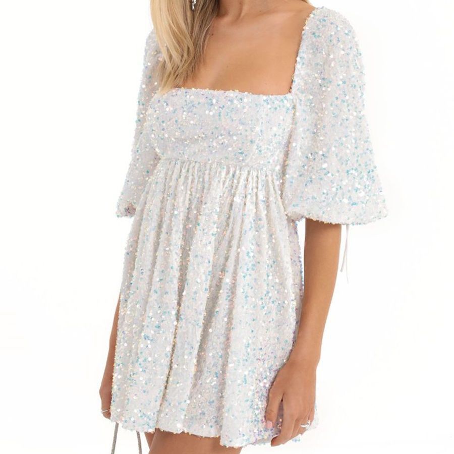 Plus Size Loose Version Sequin Dress Summer Casual round Neck Short Sleeve Solid Color Wide Hem Dress