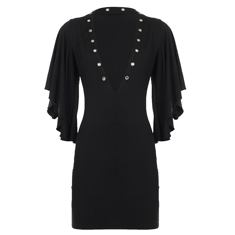 Dark Goth Sexy V neck Special Eyelet Dress Fashionable Light Mature Ruffle Sleeve Sheath Dress Women