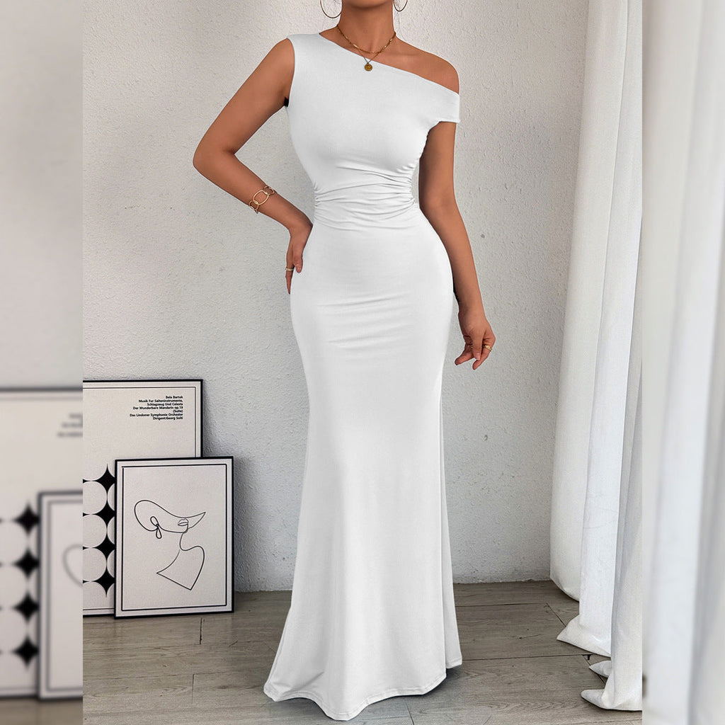 Women Fishtail Dress Slant Shoulder Collar Waist Pleated Sleeveless Sexy Dress