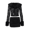 Women's Sexy Lace Plush Long Sleeve Top & Ruched Mini Skirt Set - Image 6