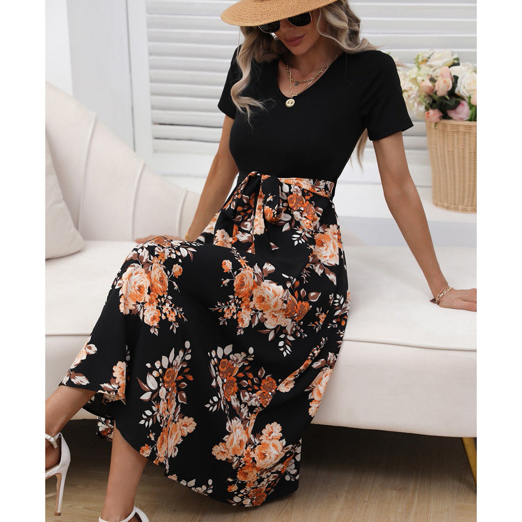 Women Clothing Summer Printed V neck Sexy Mid Length Maxi Dress