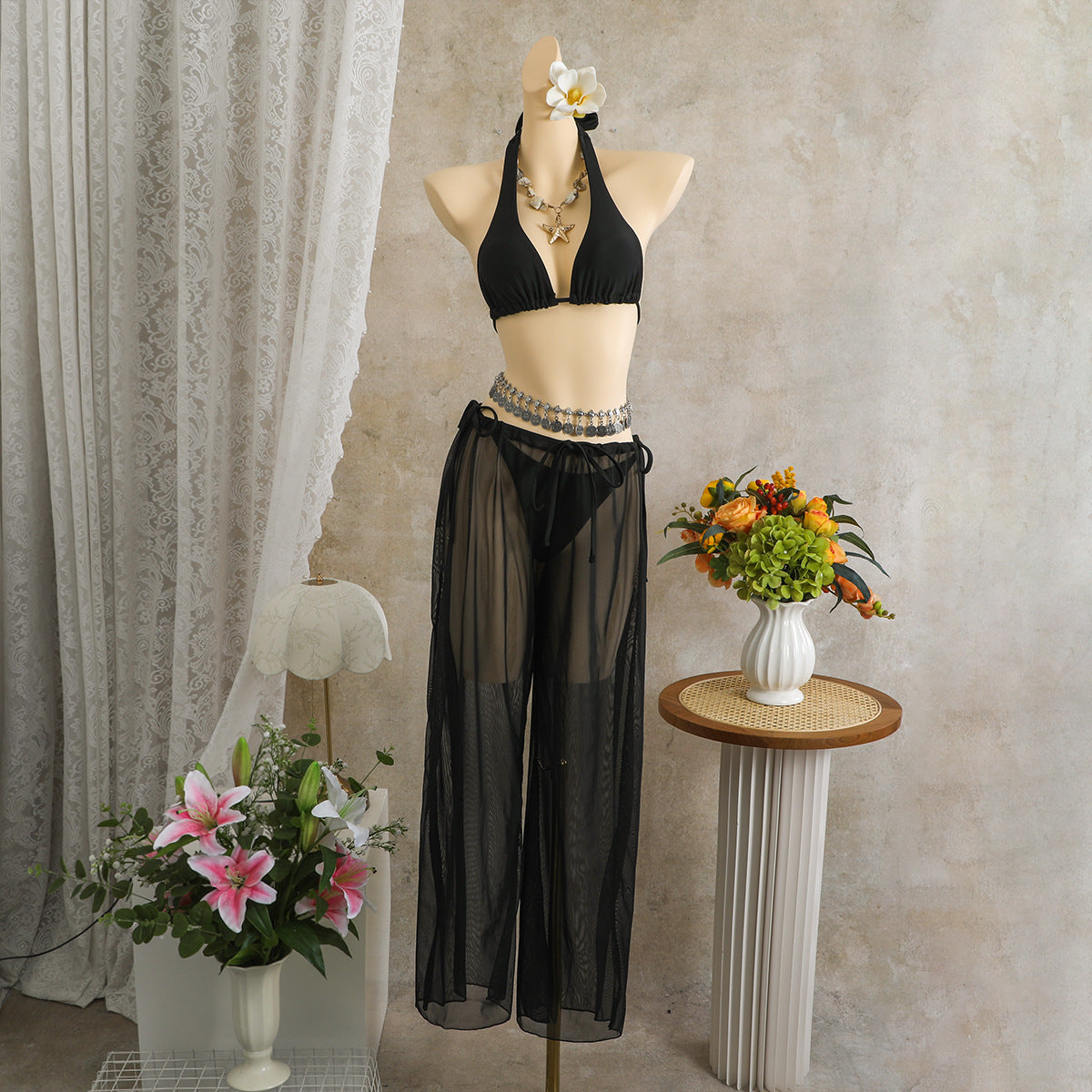 Three-Piece Bikini Swimsuit Set with Matching Beach Trousers