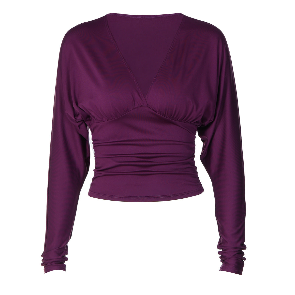 Women Clothing Summer Solid Color Long Sleeve V neck Tight Waist T shirt