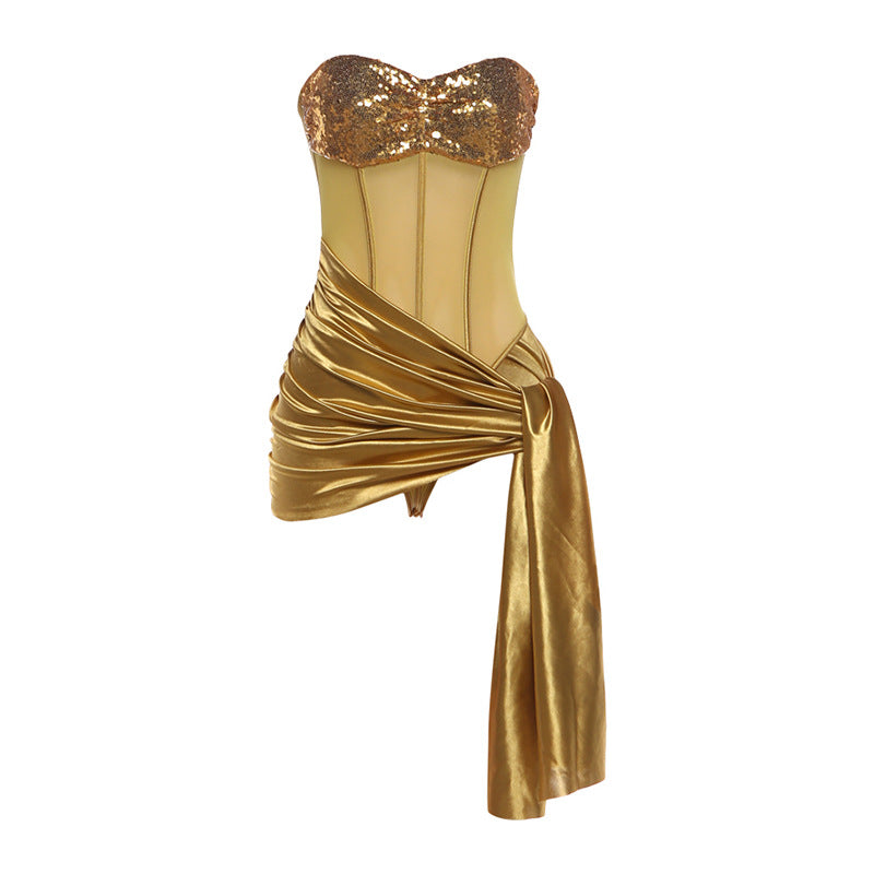 Gold Sequin Asymmetric Bodycon Mini Jumpsuit - Sexy Party Outfit