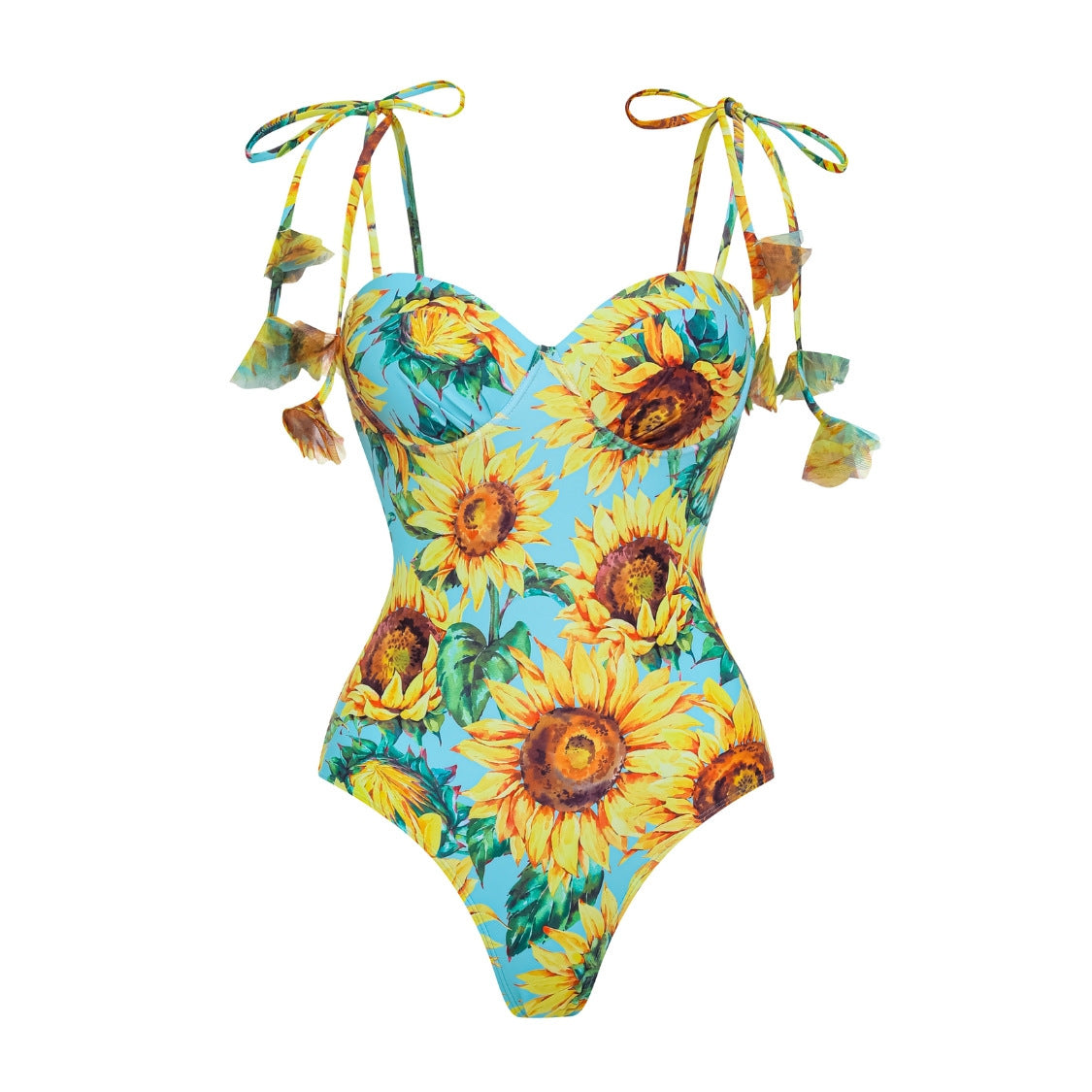 Sunflower Print One Piece Swimsuit Boho Lace Up Back Swimwear