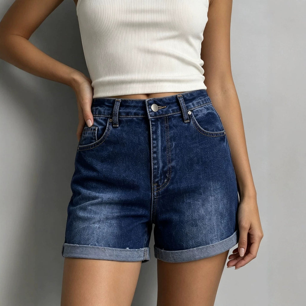 Summer Dark Blue Retro Elastic High Waist Casual Women Denim Shorts
