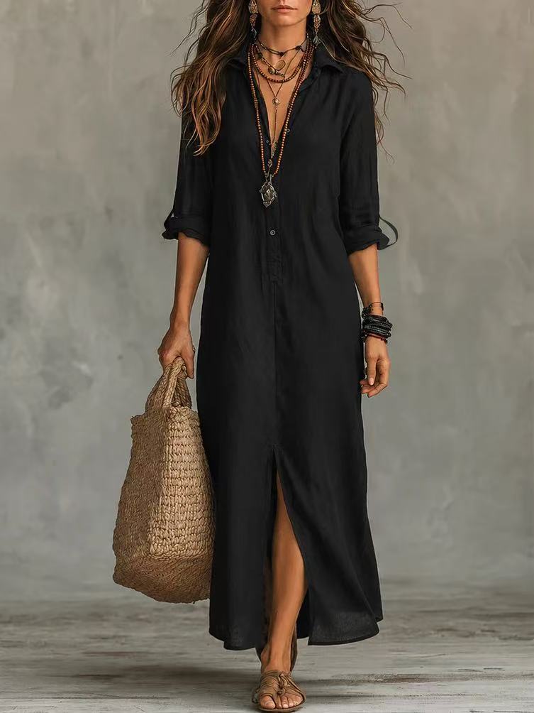 Women Elegant Button Collared Slit Elegant Dress