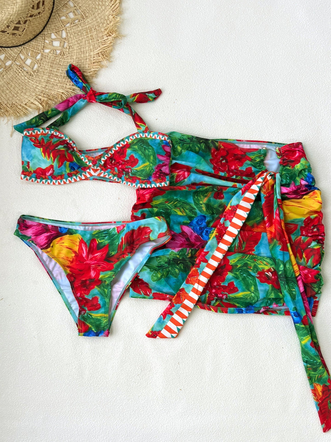 Floral Print Three-Piece Bikini Set with Hip Skirt