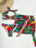 Floral Print Three-Piece Bikini Set with Hip Skirt