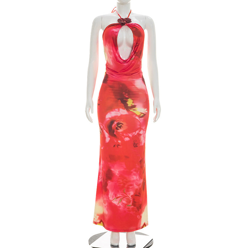 Women Clothing Summer Casual Floral Print Sleeveless Hollow Out Cutout out Swing Collar Halter Maxi Dress