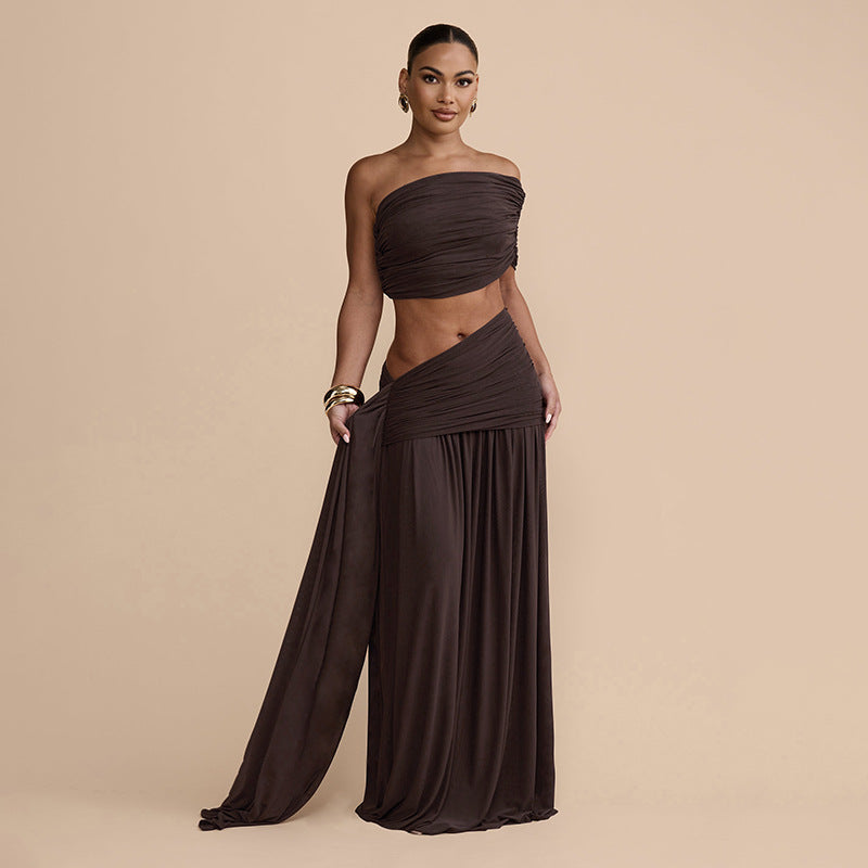 Women's Sexy Solid Ruched Off-Shoulder Crop Top & Maxi Skirt Set - Image 3