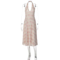 Summer French Elegant Printed V neck Halter Backless Gauzy Stitching Dress