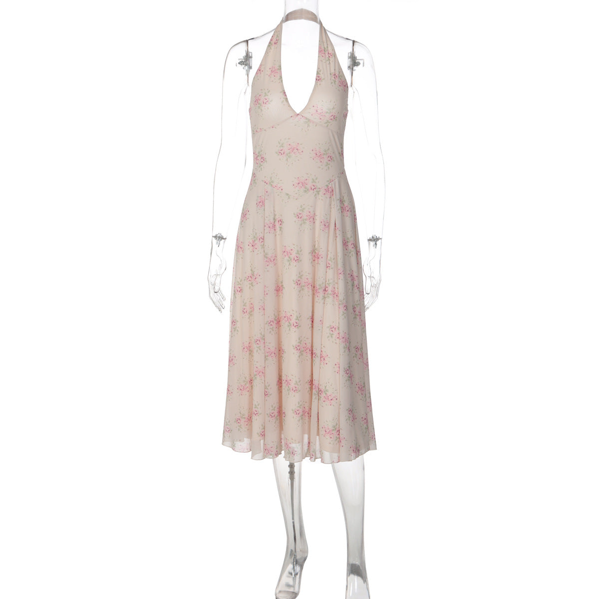 Summer French Elegant Printed V neck Halter Backless Gauzy Stitching Dress