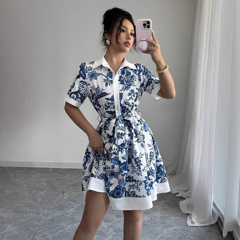 Women Clothing Summer Printing Lace up Waist Single Breasted Dress