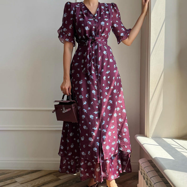 Print French Dress Women V neck Short Sleeve Single Breasted Dress