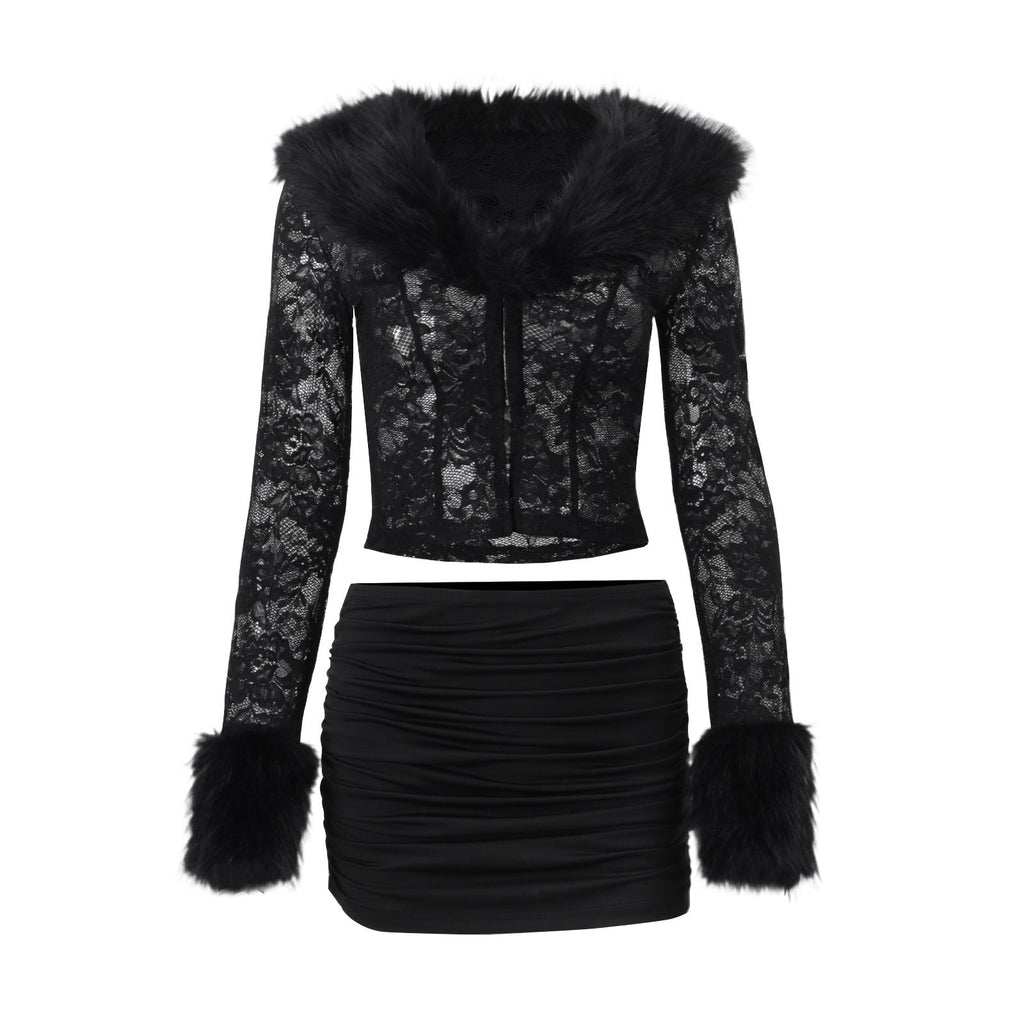 Women's Sexy Lace Plush Long Sleeve Top & Ruched Mini Skirt Set - Image 5