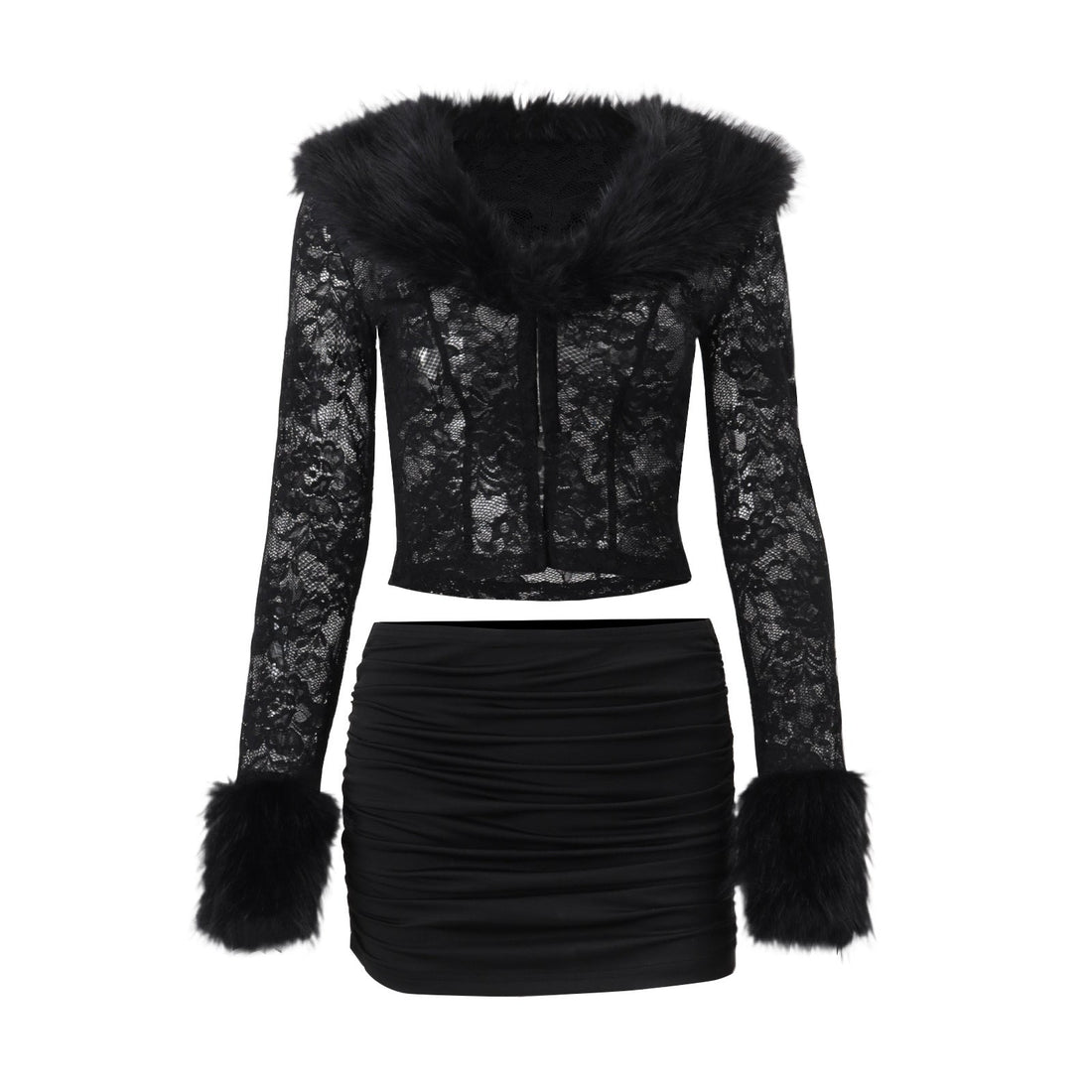 Women's Sexy Lace Plush Long Sleeve Top & Ruched Mini Skirt Set - Image 5