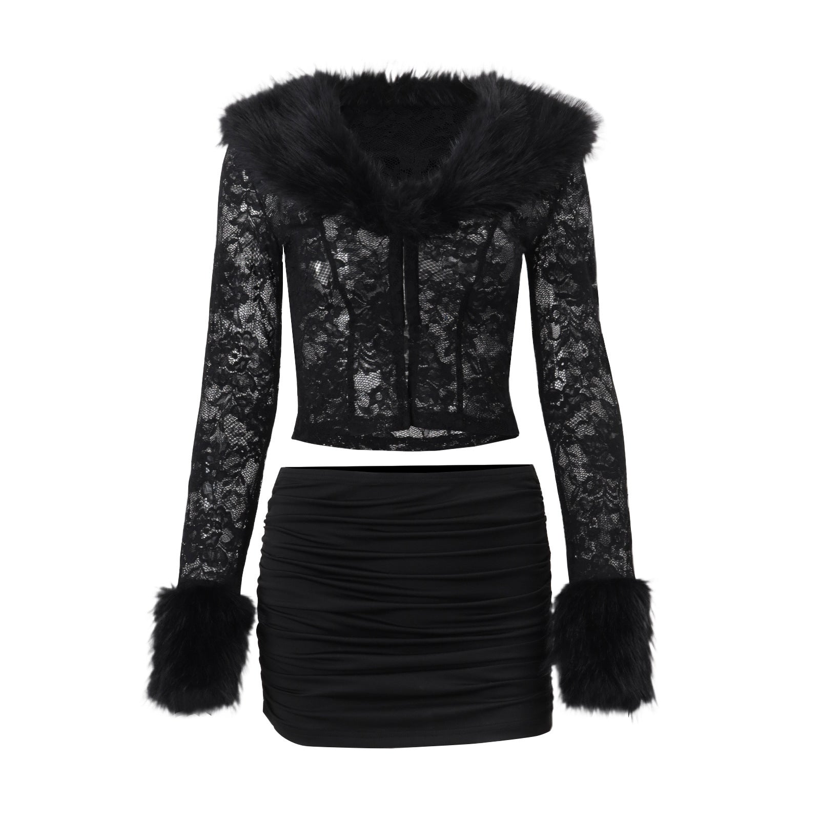 Women's Sexy Lace Plush Long Sleeve Top & Ruched Mini Skirt Set - Image 5