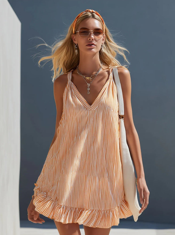 Summer Ruffled Sleeveless V neck Sling Mini Dress Holiday
