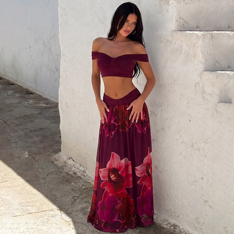 Women off Neck Peplum Top Floral Print Maxi Dress Casual Faux Two Piece Sets